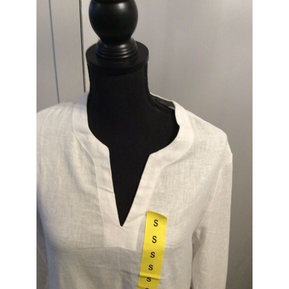 New NWT Linen blend Land's End Small S White Split Neck 3/4 Sleeve Tunic Top - Picture 2 of 5